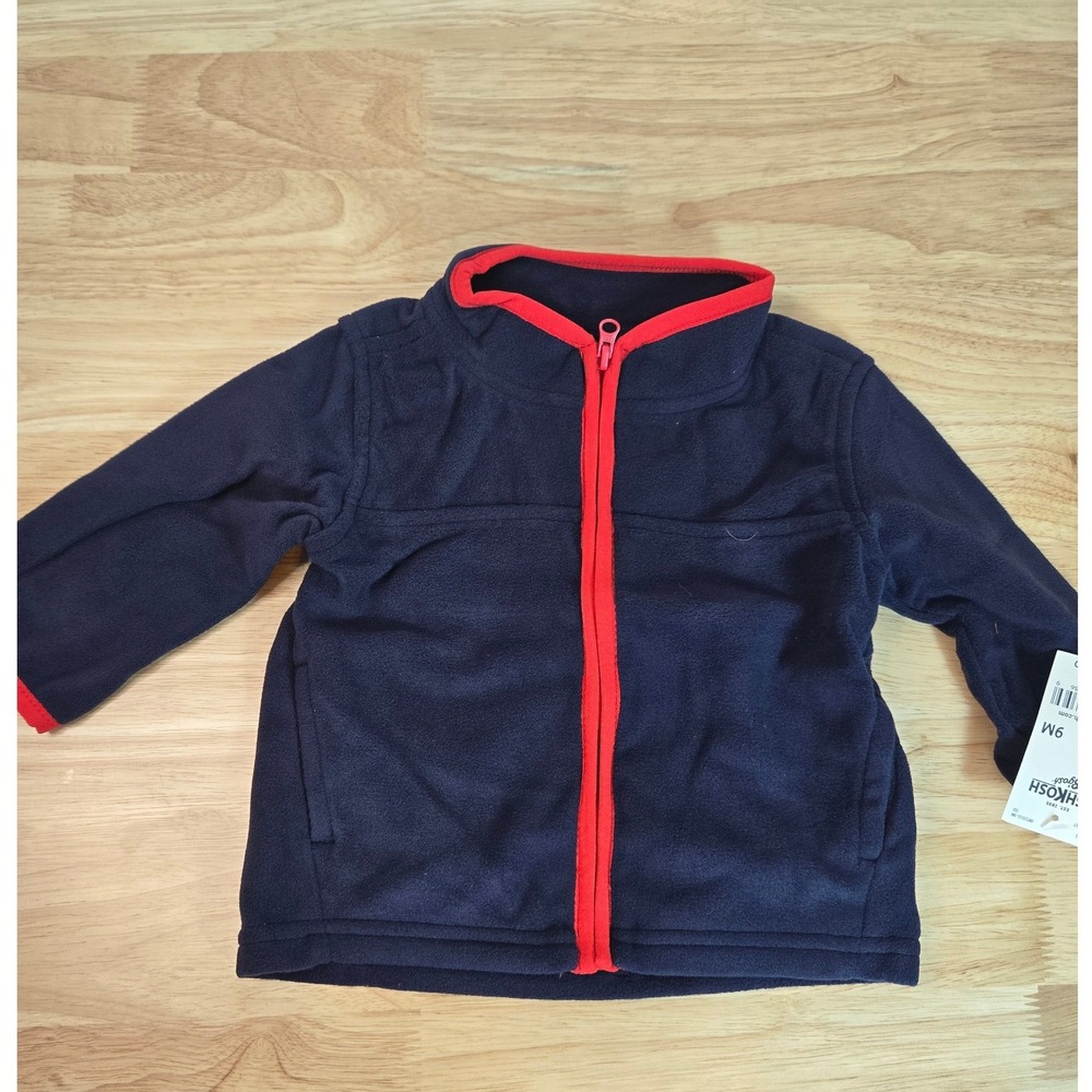 OshKosh Bgosh Baby Boys Navy Blue Fleece Full Zip Jacket Red Trim 9M NWT